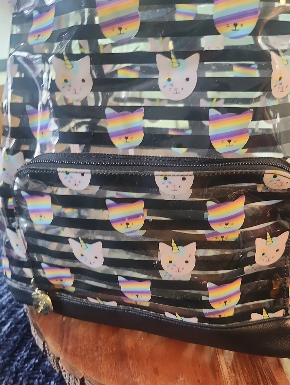 Betsey Johnson Rainbow Cat Unicorn Backpack - Pink & Black Transparent Stripes